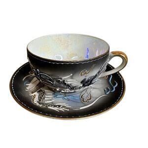 Japanese Moriage Dragonware Lithophane Demitasse Tea Cup Saucer With Geisha 3D